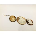 TWO UNMOUNTED VINTAGE CAMEO'S ALONG WITH A VINTAGE CAMEO BROOCH IN A YELLOW METAL SETTING.