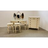 A CONTINENTAL STYLE CREAM FINISH KIDNEY SHAPED DRESSING TABLE WITH APPLIED DETAIL AND TRIPLE VANITY