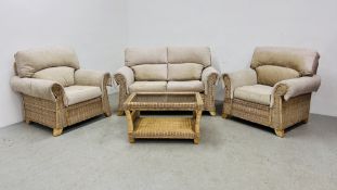 GOOD QUALITY FOUR PIECE CANE CONSERVATORY SUITE COMPRISING TWO ARMCHAIRS AND TWO SEATER SOFA AND
