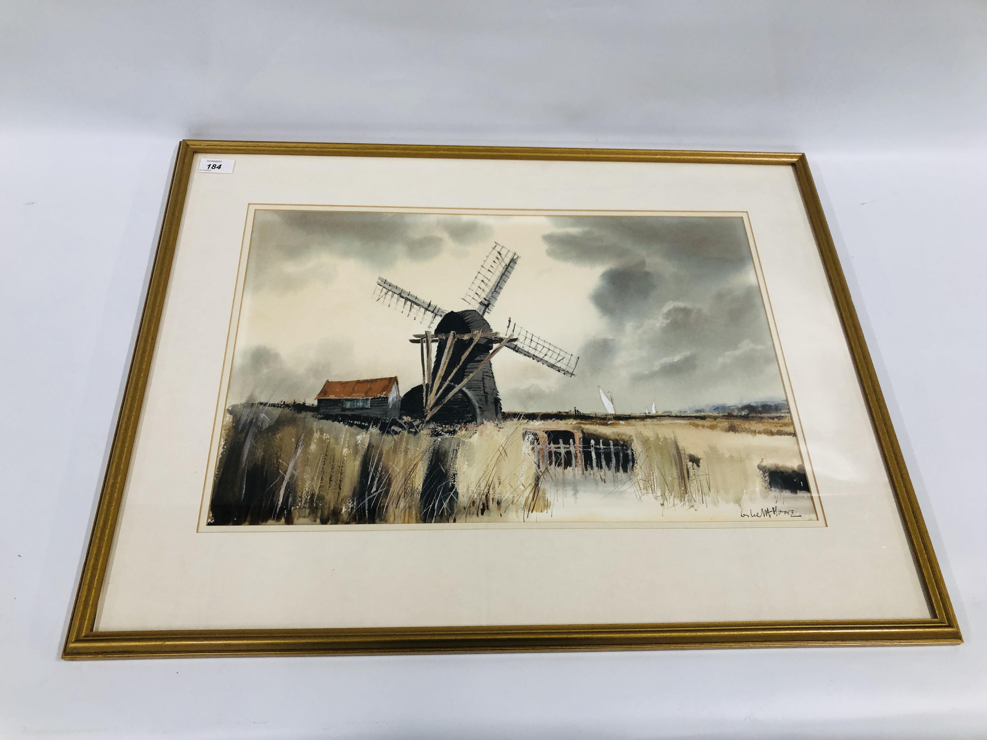 LESLEY MOORE WATERCOLOUR "BROADLAND SCENE WITH WIND PUMP" 37 X 55.