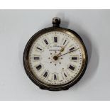 A VINTAGE WHITE METAL POCKET WATCH WITH ORNATE ENAMELLED DIAL MARKED J.G.