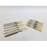 A SET OF SIX SILVER TEA KNIVES AND SIX SILVER FORKS, MOTHER OF PEARL HANDLES,