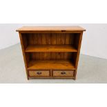 A MODERN PINE BOOKSHELF WITH TWO DRAWERS TO BASE WIDTH 91CM. DEPTH 33CM. HEIGHT 90CM.