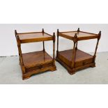 A PAIR OF YEW WOOD OCCASIONAL TABLES WITH LOWER TIER AND DRAWER