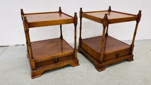 A PAIR OF YEW WOOD OCCASIONAL TABLES WITH LOWER TIER AND DRAWER