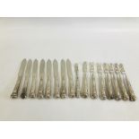 SET OF EIGHT SILVER KINGS PATTERN FISH KNIVES AND SEVEN MATCHING SILVER FORKS AND ONE SIMILAR.