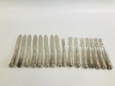 SET OF EIGHT SILVER KINGS PATTERN FISH KNIVES AND SEVEN MATCHING SILVER FORKS AND ONE SIMILAR.