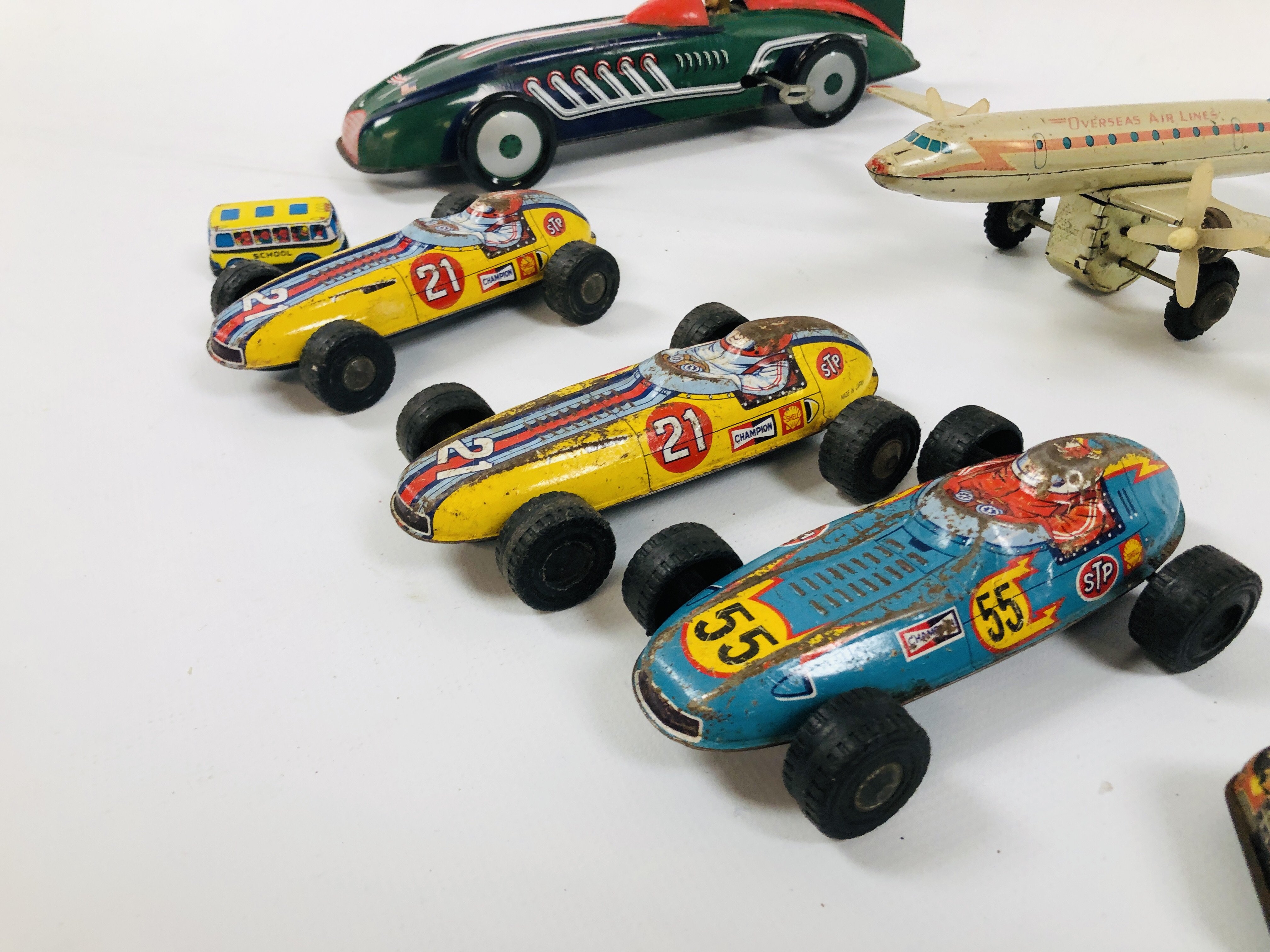 A GROUP OF VINTAGE TIN PLATE CARS, VEHICLES, TRAIN AND A PLANE INCLUDING STP CHAMPION 21, - Image 3 of 6
