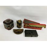 A VINTAGE 'SKILLY' BAGATELLE BRIDGE GAME ALONG WITH FOUR VINTAGE TINS TO INCLUDE A NOVELTY FAN.