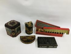 A VINTAGE 'SKILLY' BAGATELLE BRIDGE GAME ALONG WITH FOUR VINTAGE TINS TO INCLUDE A NOVELTY FAN.