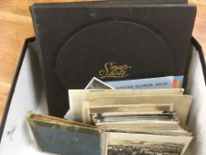 BOX WITH PHOTOGRAPHS IN AN ALBUM AND LOOSE, POSTCARDS, BEAMINSTER FLOWER SHOW PRIZE CARDS,