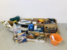 SEVEN BOXES OF AS CLEARED SHED SUNDRIES TO INCLUDE RATCHET STRAPS, WOOD WORKING TOOLS, TAPES, TAPS,