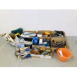 SEVEN BOXES OF AS CLEARED SHED SUNDRIES TO INCLUDE RATCHET STRAPS, WOOD WORKING TOOLS, TAPES, TAPS,