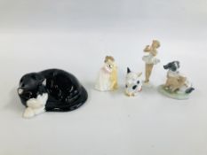A GROUP OF CABINET ORNAMENTS TO INCLUDE ROYAL DOULTON FIGURINE BUDDIES, NAO DOG AND CAT STUDY, PIG,