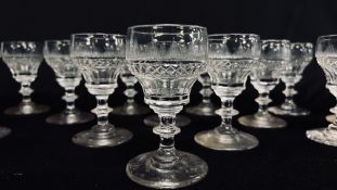 A SET OF 14 C19th SHERRY GLASSES WITH OGEE BOWLS.