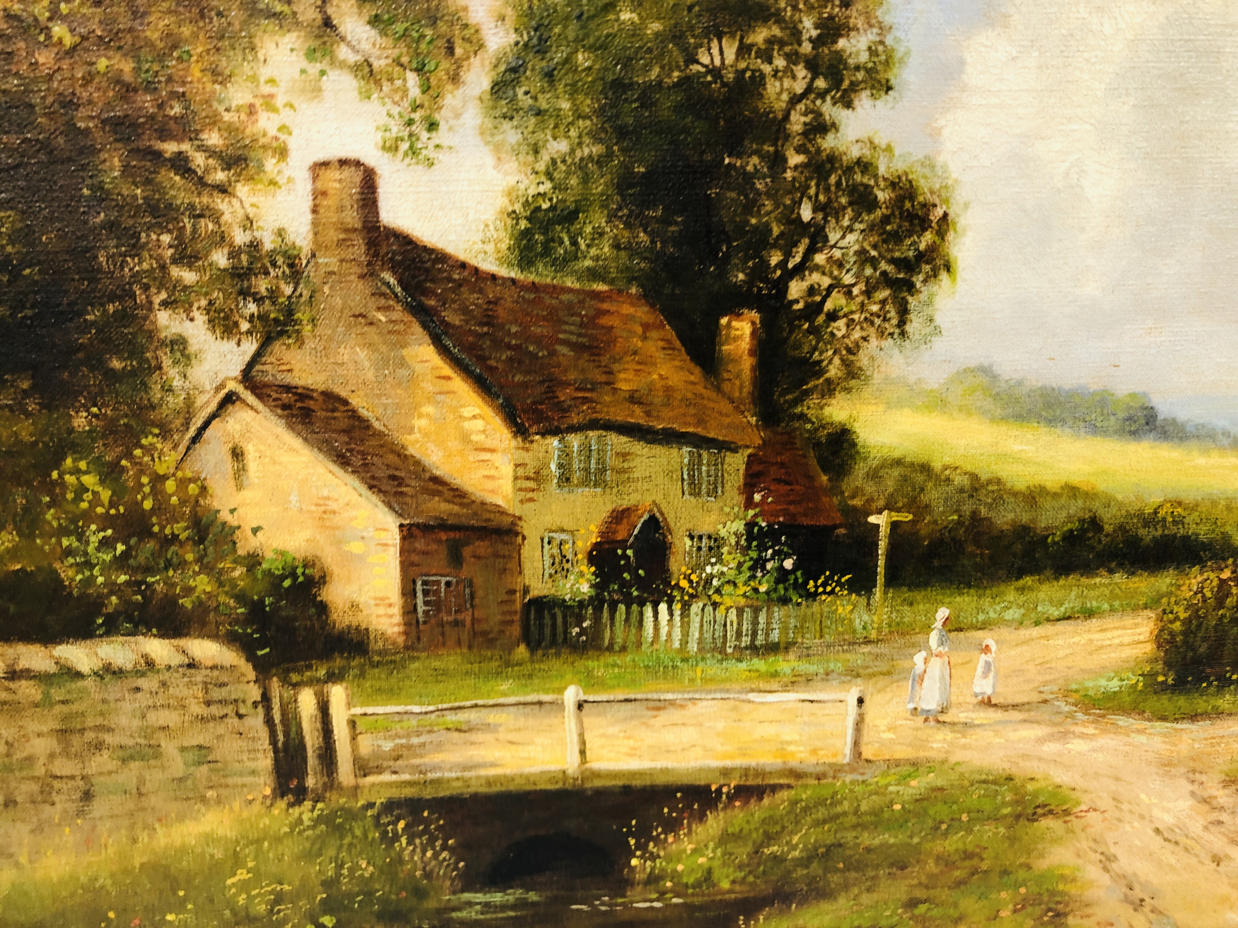 ORNATELY FRAMED OIL ON CANVAS "CROSSROADS WITH COTTAGES AND RIVER", NO VISIBLE SIGNATURE 48. - Image 2 of 5