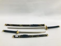 TWO REPRODUCTION SAMURAI SWORDS, UPHOLSTERY BLUE AND GOLD - NO POSTAGE, COLLECTION IN PERSON ONLY.