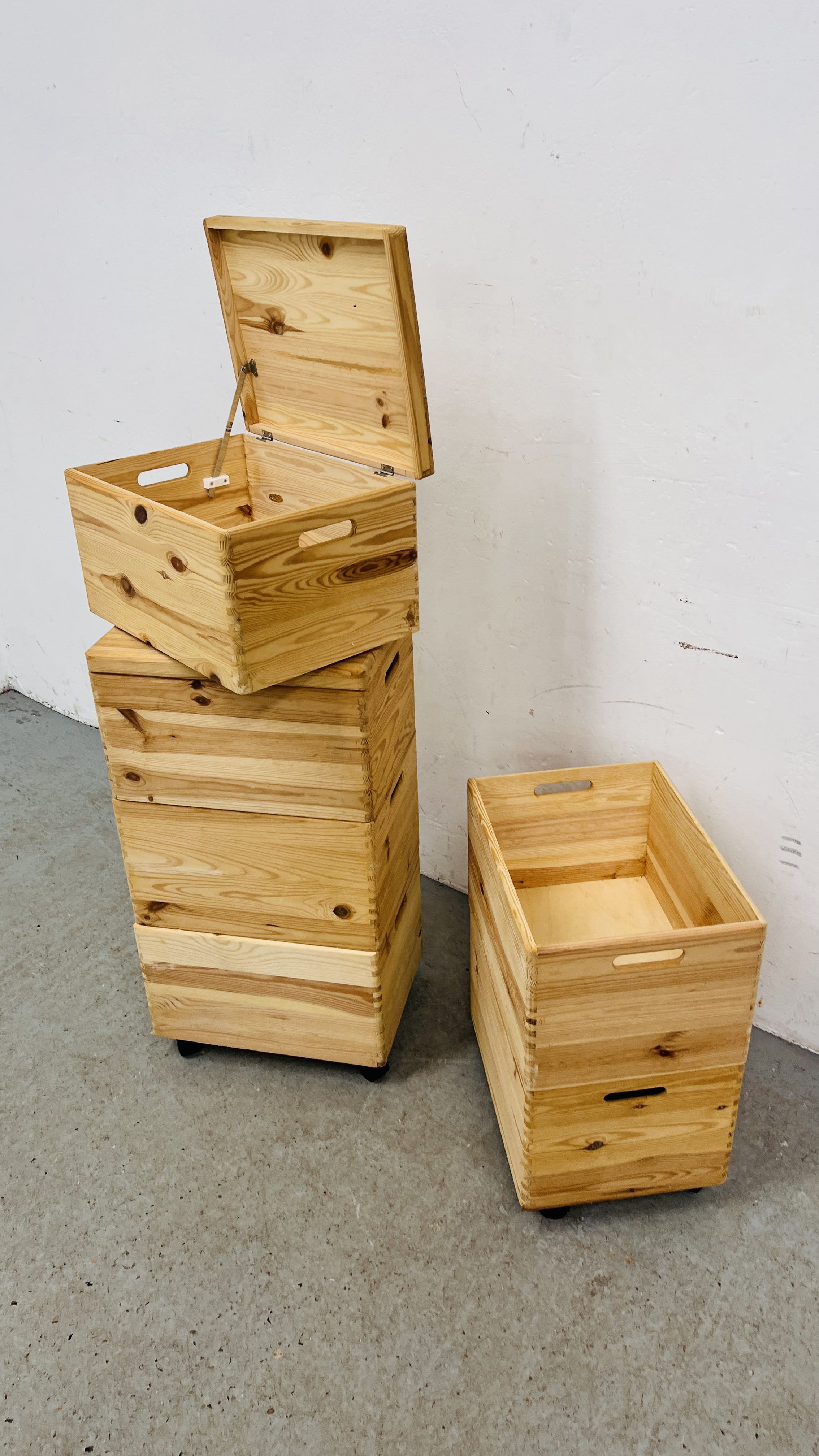 A PAIR OF THREE SECTION PINE STAKING STORAGE BOXES, W 40CM, D 30CM, H 77CM. - Image 6 of 7