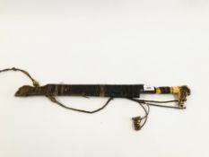 AN ORNATE ANTIQUE BONE HANDLED MANDU SWORD IN BOUND WOODEN SCABBARD