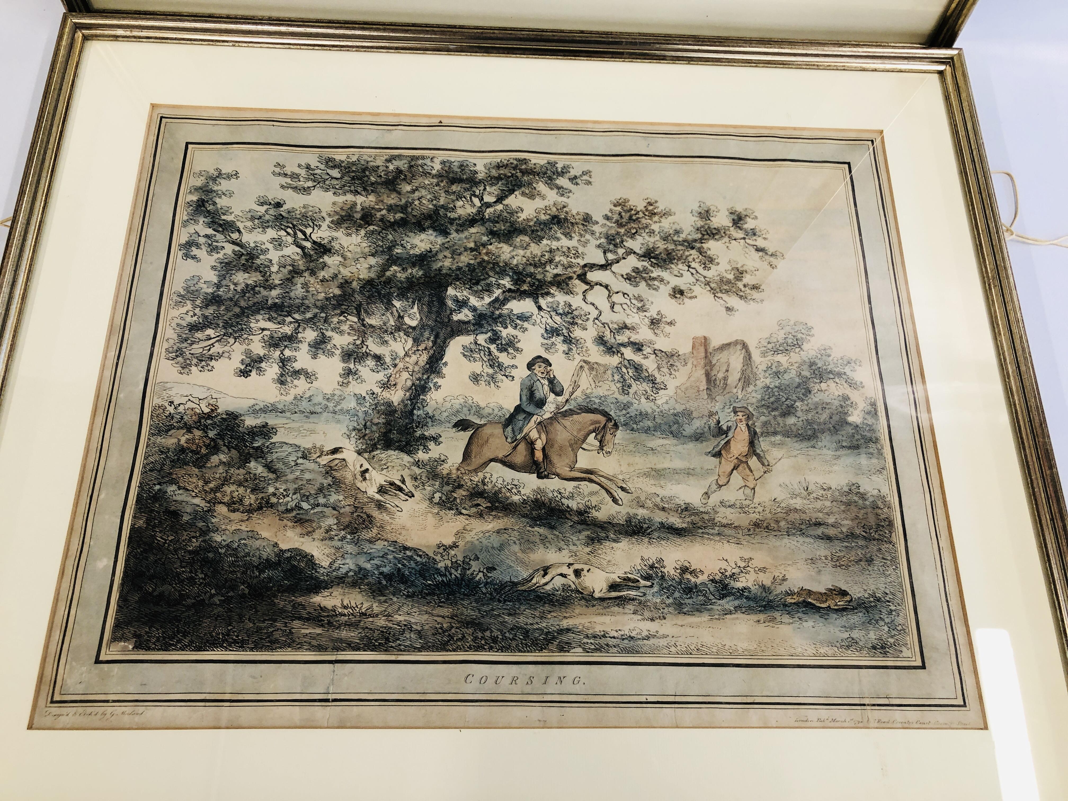 TWO HAND COLOURED ENGRAVINGS HUNTING SCENES "COURSING" FRAMED AND MOUNTED EACH 43CM X 55CM. - Image 2 of 11