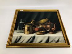 K. HUNTHER STILL LIFE WITH METALWARE, OIL ON CANVAS 50 X 62CM.