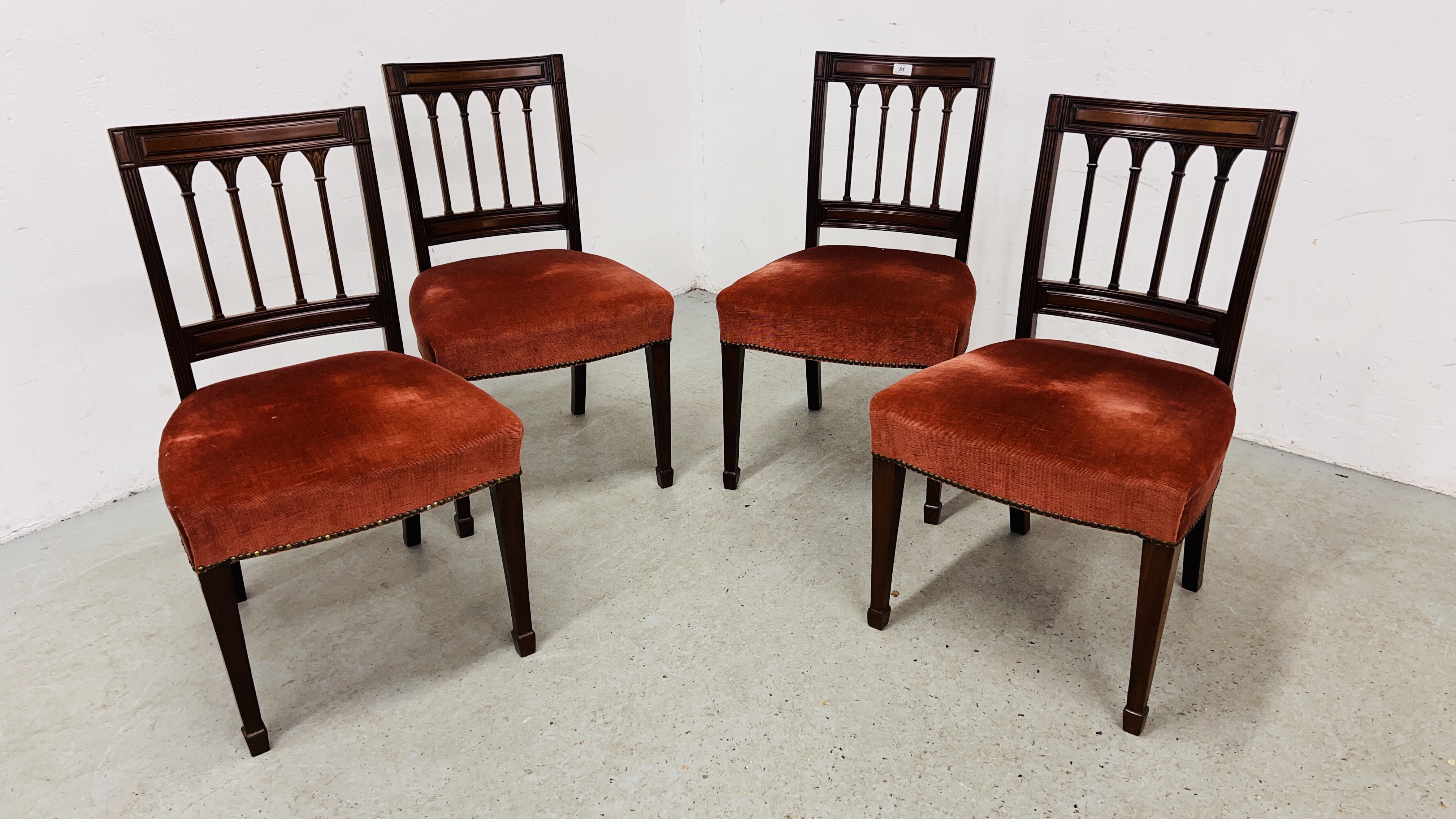 FOUR LATE GEORGIAN DINING CHAIRS IN HEPPLWHITE STYLE WITH PINK VELOUR STUFF OVER SEATS