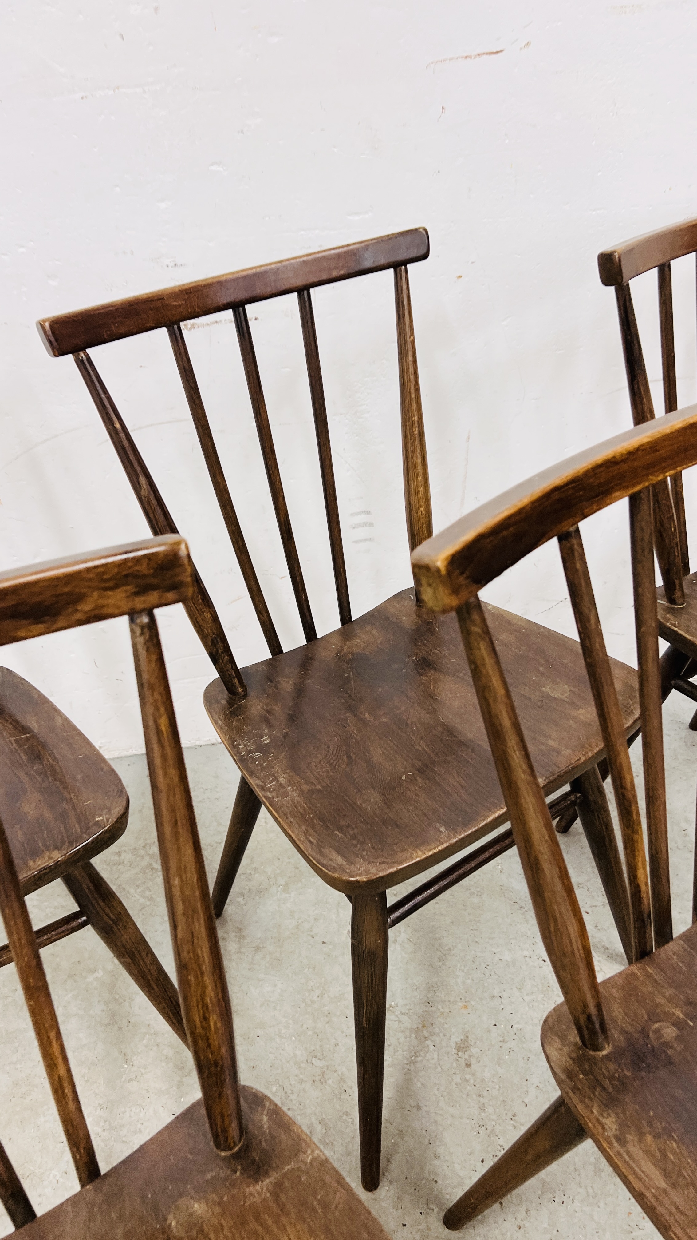 A SET OF SIX DARK ERCOL STICK BACK DINING CHAIRS, 1 A/F. - Image 5 of 17