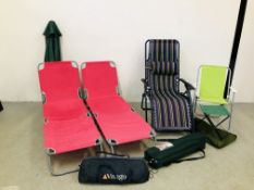 THREE FOLDING GARDEN SUN LOUNGERS, PARASOL, ALUMINIUM CAMPING TABLE, FOLDING CHAIR AND TWO STOOLS,