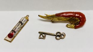 VINTAGE GILT METAL AND CORAL BROOCH IN THE FORM OF A SHRIMP ALONG WITH A 9CT. GOLD 21st.