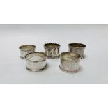 FIVE VARIOUS SILVER NAPKIN RINGS DIFFERENT DATES AND MAKERS