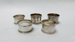 FIVE VARIOUS SILVER NAPKIN RINGS DIFFERENT DATES AND MAKERS