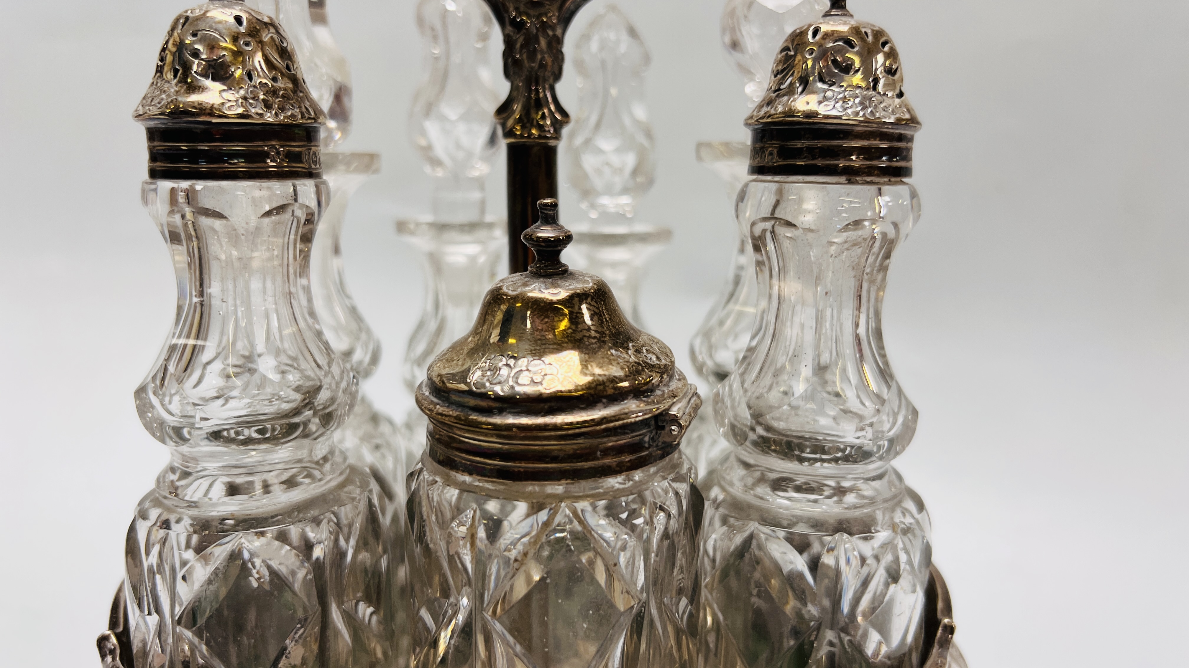 AN IMPRESSIVE SILVER EIGHT BOTTLE CRUET, THREE OF WHICH HAVE SILVER TOPS, - Image 3 of 10