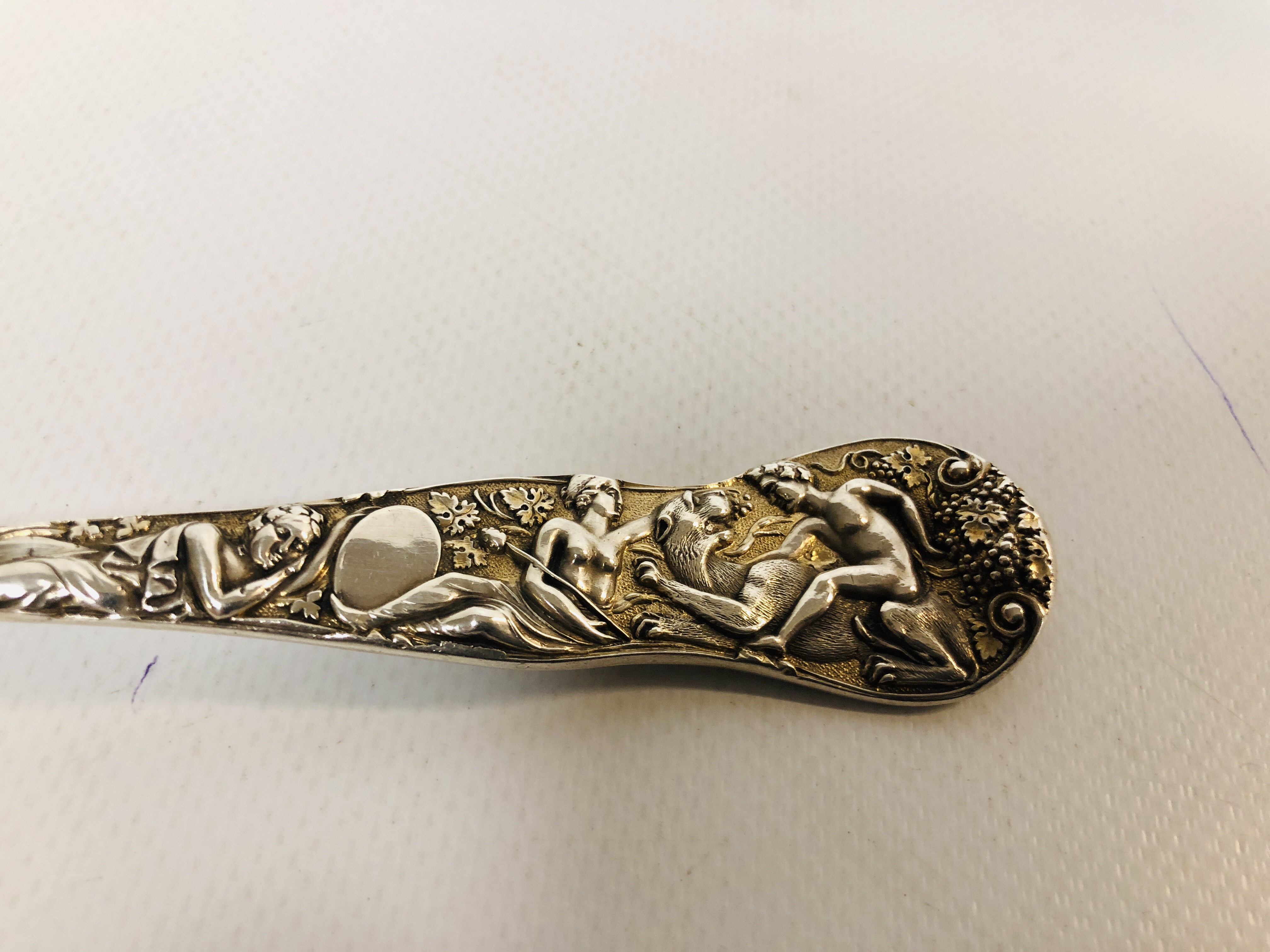 A VICTORIAN SILVER SERVING SPOON DECORATED WITH CLASSICAL FIGURES AND MYTHICAL CREATURES, - Image 2 of 9