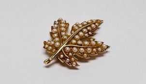 A VINTAGE LEAF BROOCH MARKED 10KT SET WITH MULTIPLE SEED PEARLS (1 MISSING)