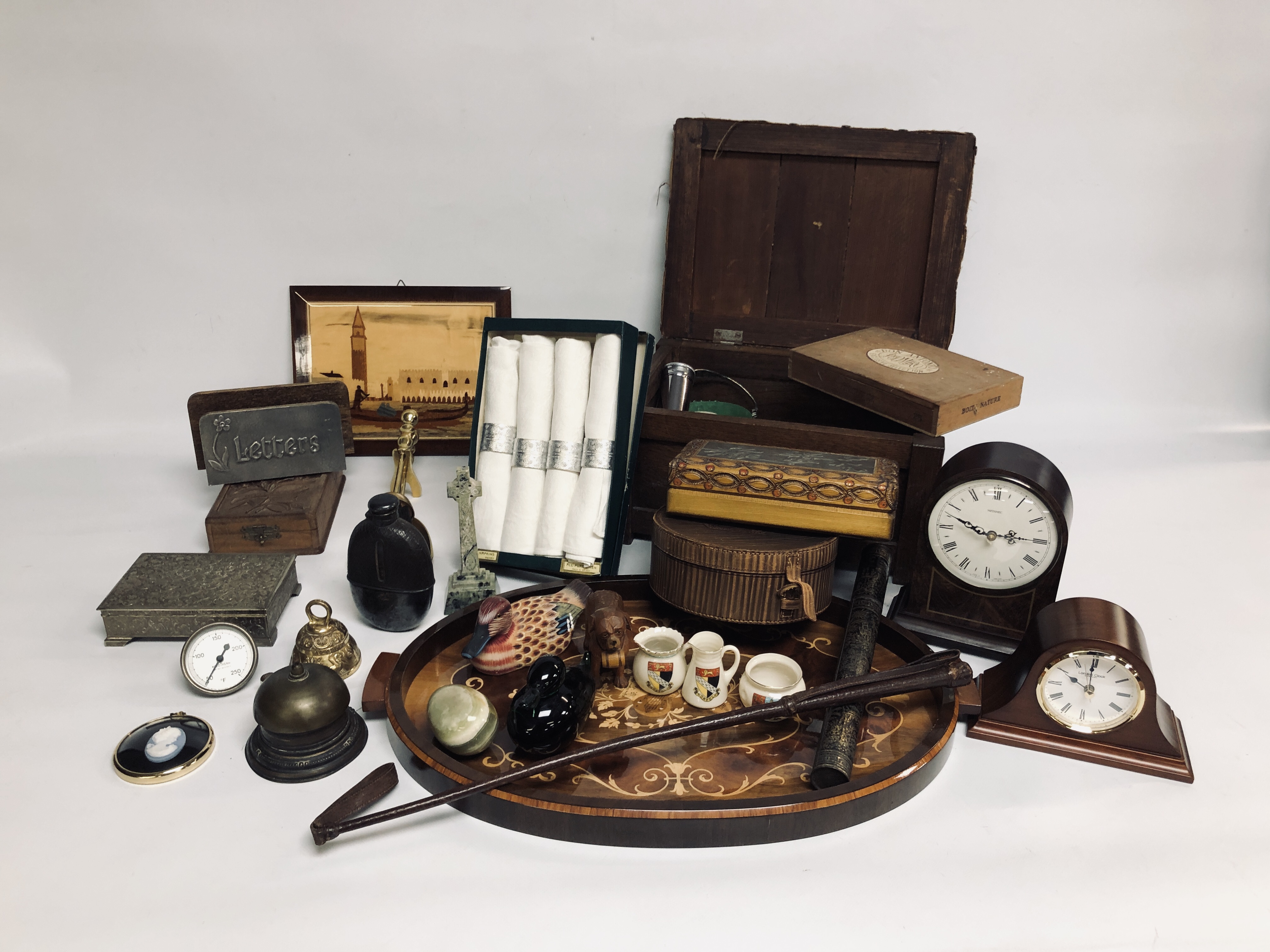 TWO BOXES OF MIXED VINTAGE COLLECTIBLES TO INCLUDE OVAL INLAID TRAY, MANTEL CLOCKS, HIP FLASK,