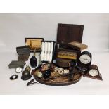 TWO BOXES OF MIXED VINTAGE COLLECTIBLES TO INCLUDE OVAL INLAID TRAY, MANTEL CLOCKS, HIP FLASK,