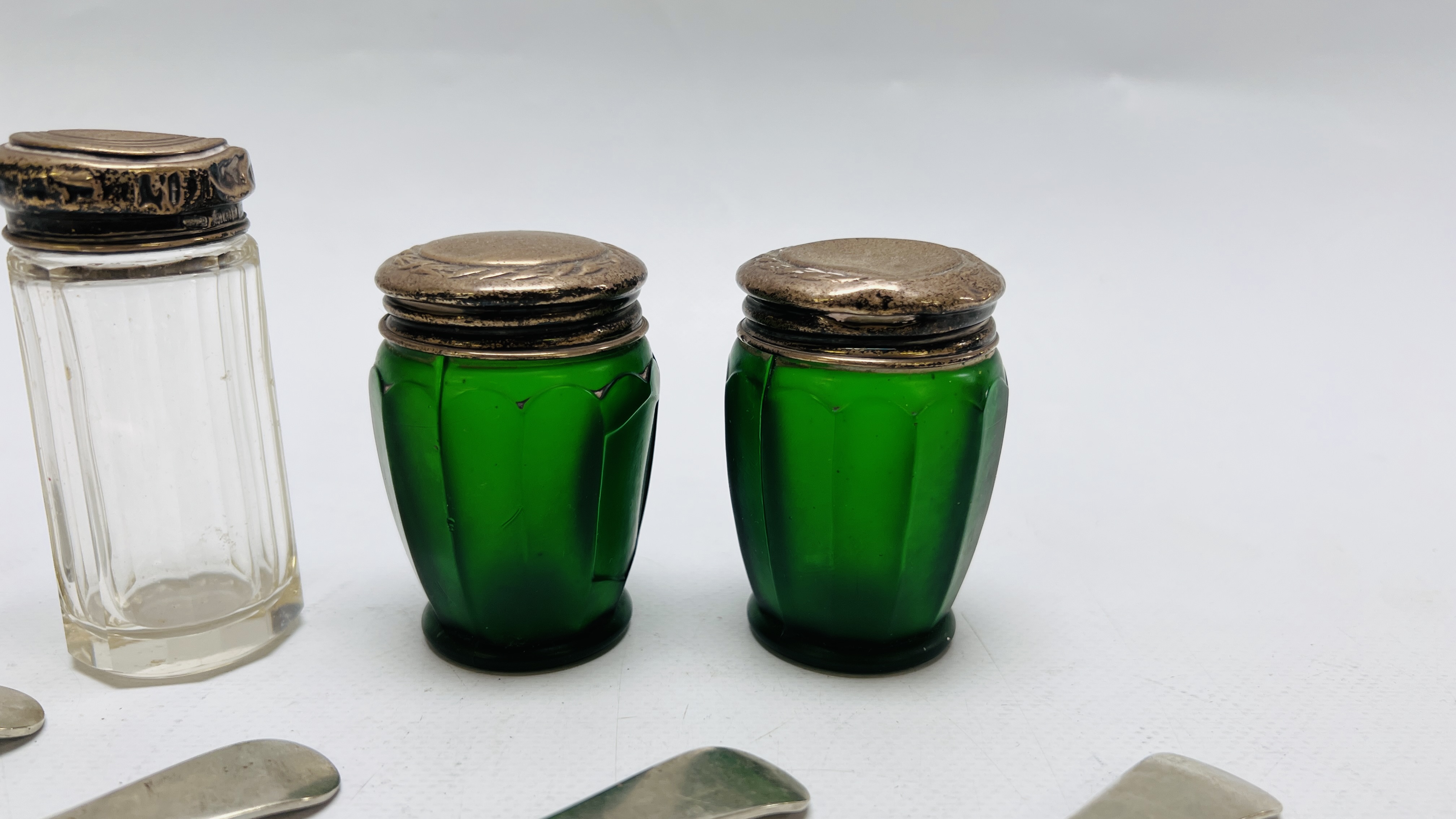 PAIR OF GREEN GLASS JARS WITH SILVER THREADED TOPS, BIRMINGHAM ASSAY H 7CM, - Image 2 of 9