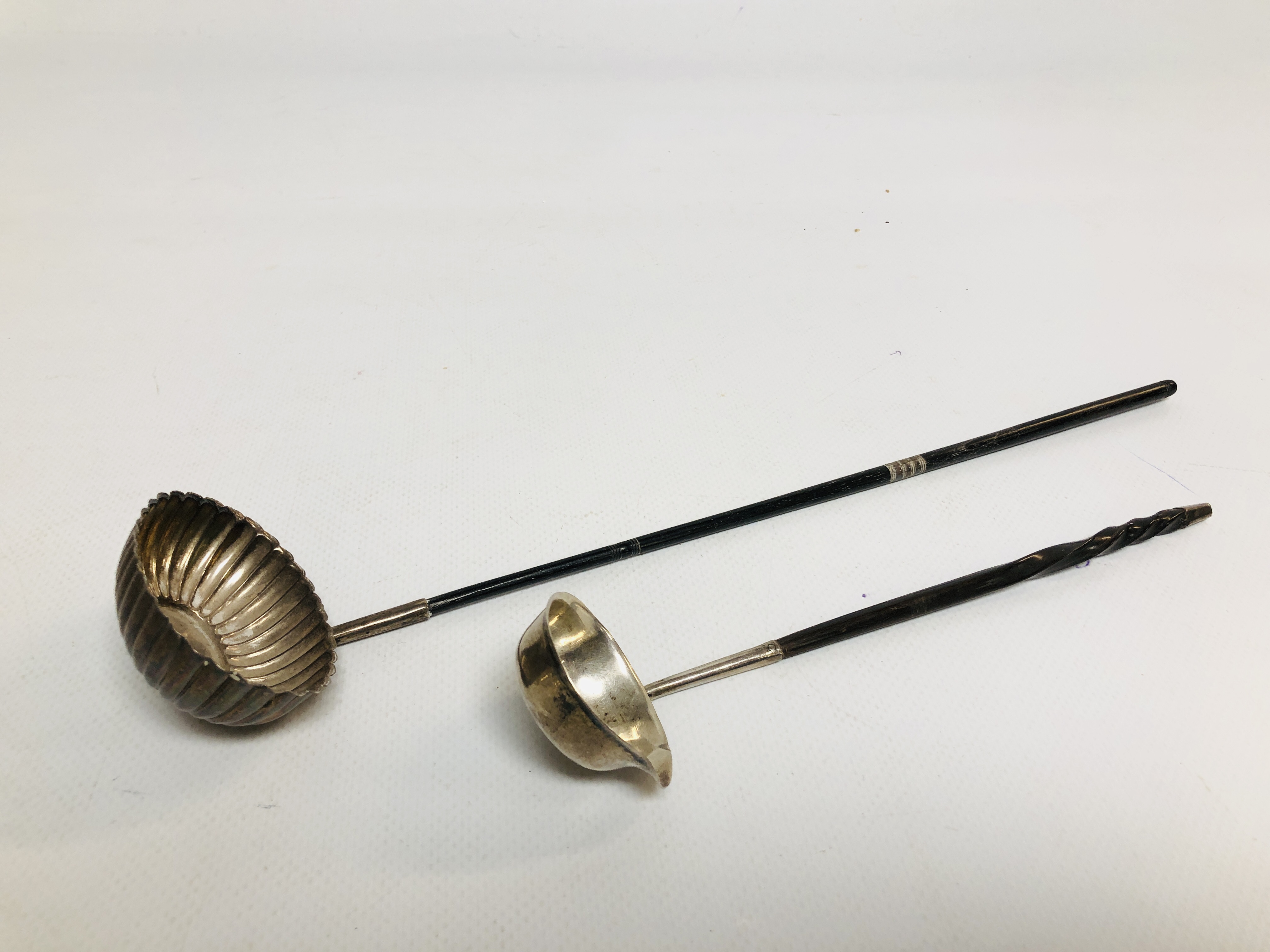 A PUNCH LADLE WITH SILVER BOWL, BIRMINGHAM ASSAY ALONG WITH A TODDY LADLE WITH SILVER BOWL,