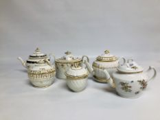 A GROUP OF 4 ANTIQUE TEAPOTS TO INCLUDE GILT DECORATED EXAMPLES A/F ALONG WITH A GILDED AND