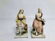 A PAIR OF PEARLWARE FIGURES OF ELIJAH AND THE WIDOW, HEIGHT 24 AND 23CM.
