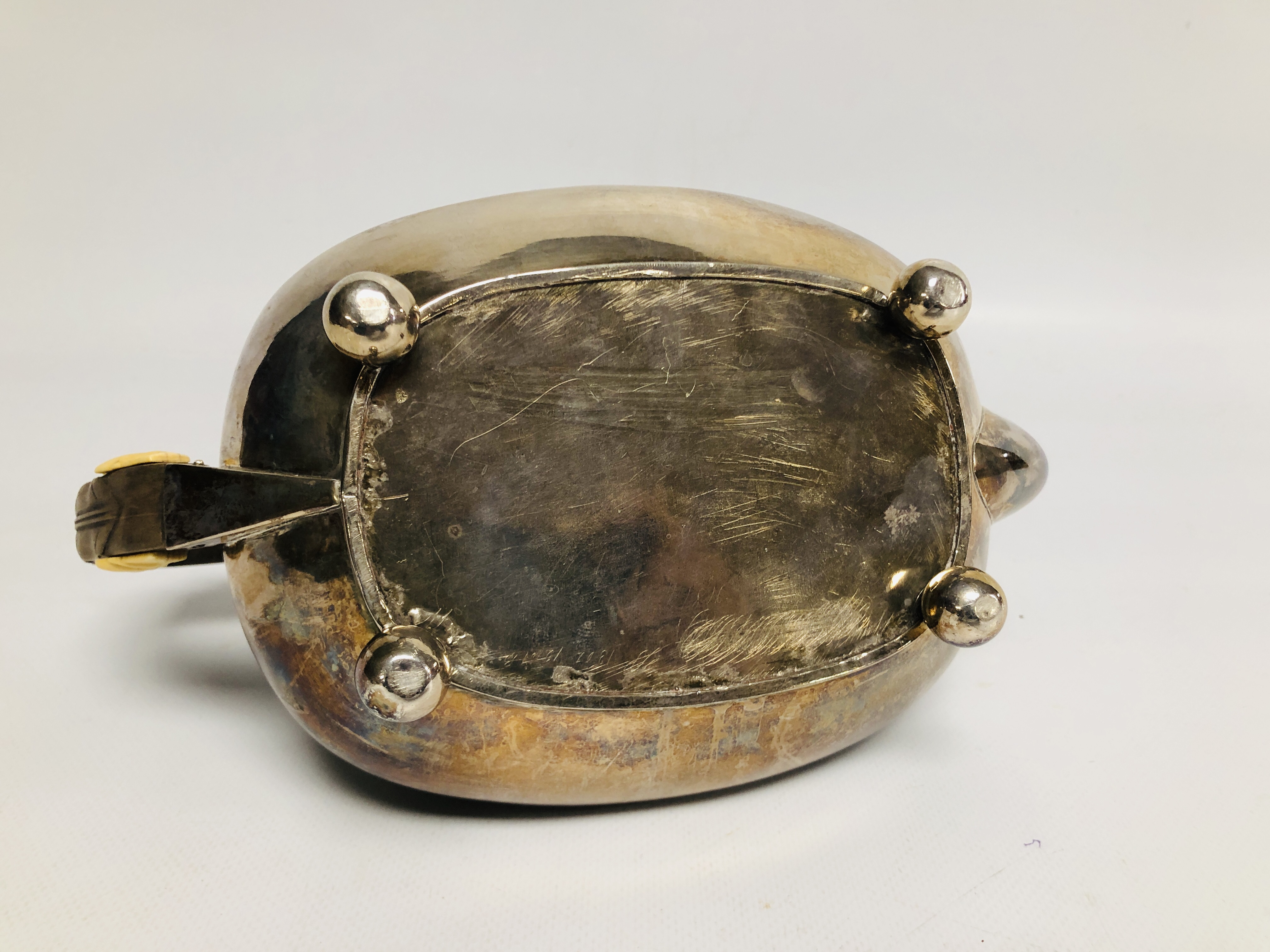 A GEORGE III SILVER TEAPOT, LONDON ASSAY OF COMPRESSED OVOID FORM ON BALL FEET. - Image 7 of 9