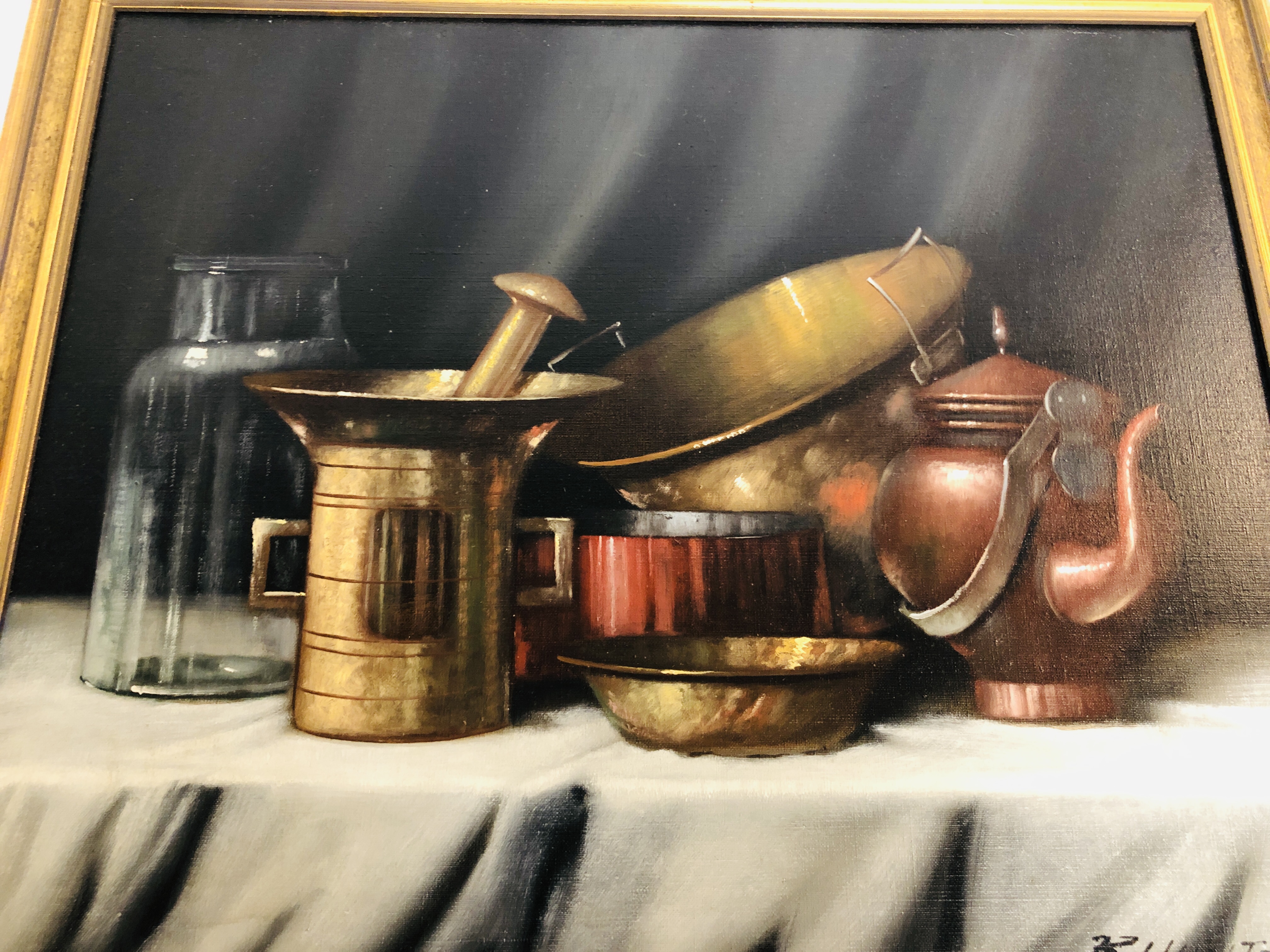 K. HUNTHER STILL LIFE WITH METALWARE, OIL ON CANVAS 50 X 62CM. - Image 3 of 4