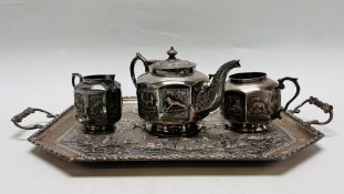 A CONTINENTAL WHITE METAL THREE PIECE TEASET ON TRAY ALL PROFUSELY DECORATED WITH ANIMALS AND