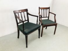 TWO GEORGIAN MAHOGANY OPEN ELBOW CHAIRS WITH GREEN UPHOLSTERED SEATS