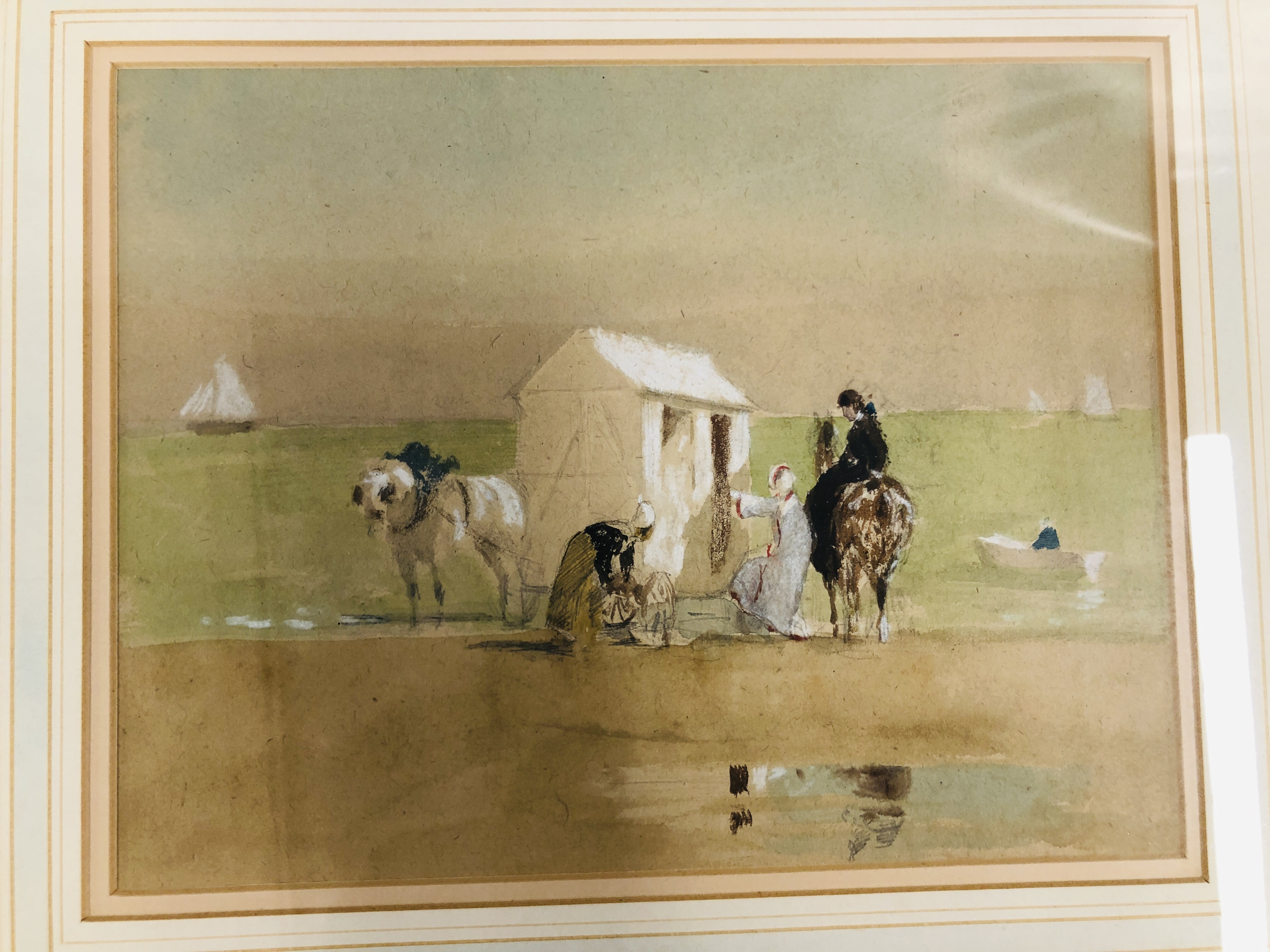 ENGLISH SCHOOL C19th "BATHING MACHINE WITH FIGURES" WATERCOLOUR 22 X 27CM. - Image 2 of 4