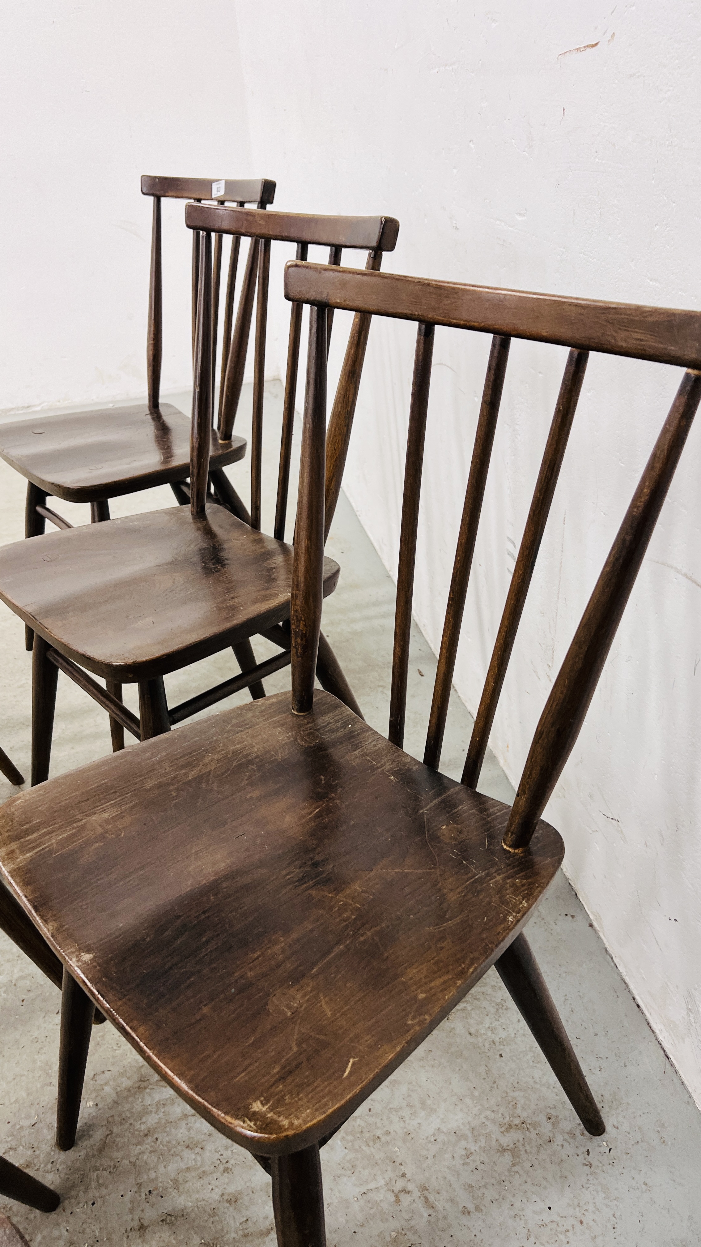 A SET OF SIX DARK ERCOL STICK BACK DINING CHAIRS, 1 A/F. - Image 11 of 17