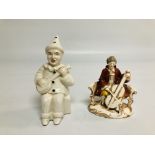 A CONTINENTAL HARDPASTE FIGURE OF CELLIST ALONG WITH A GOSS TYPE FIGURE OF A CLOWN (A SOUVENIR