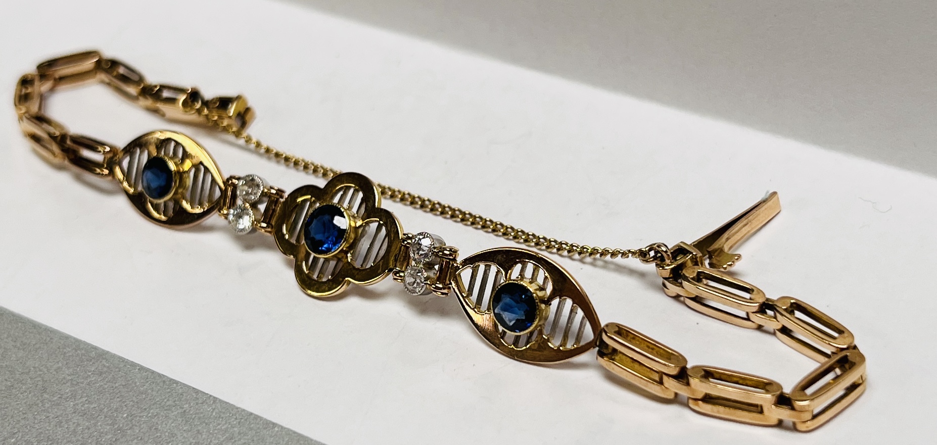 A VINTAGE DIAMOND AND SAPPHIRE BRACELET AND SAFETY CHAIN, - Image 3 of 8