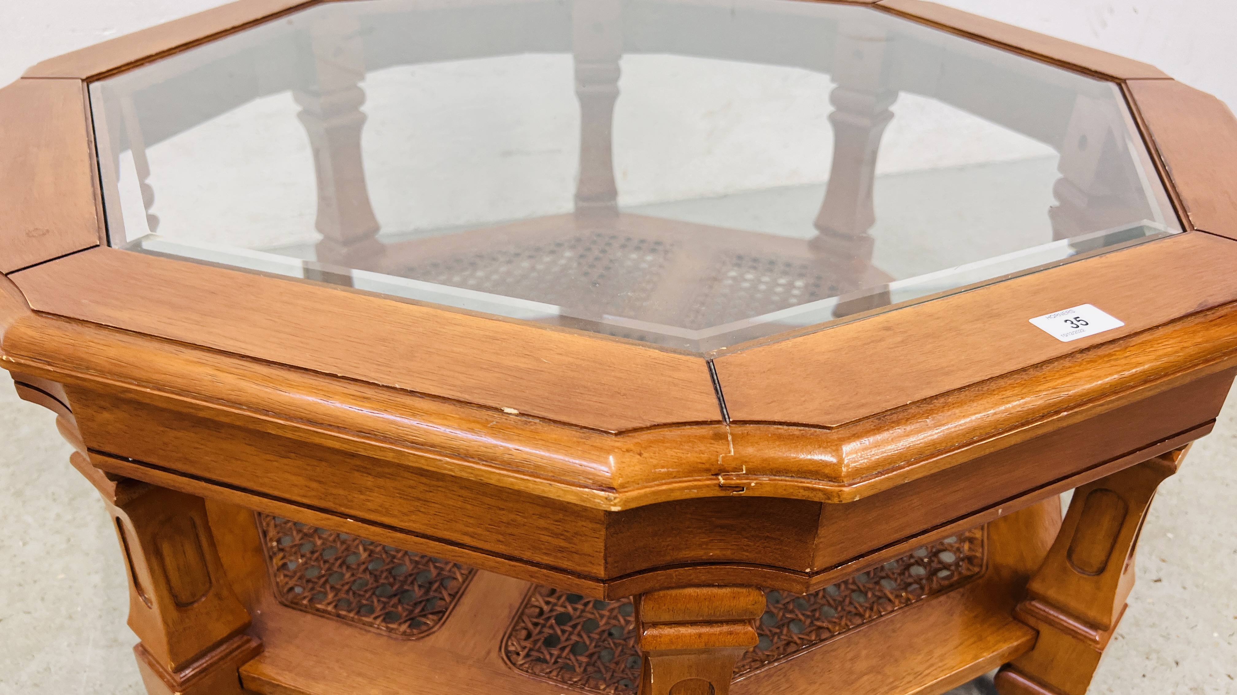 A GLASS TOP OCTAGONAL COFFEE TABLE WITH LOWER BERGERE WORK SHELF - Image 7 of 9