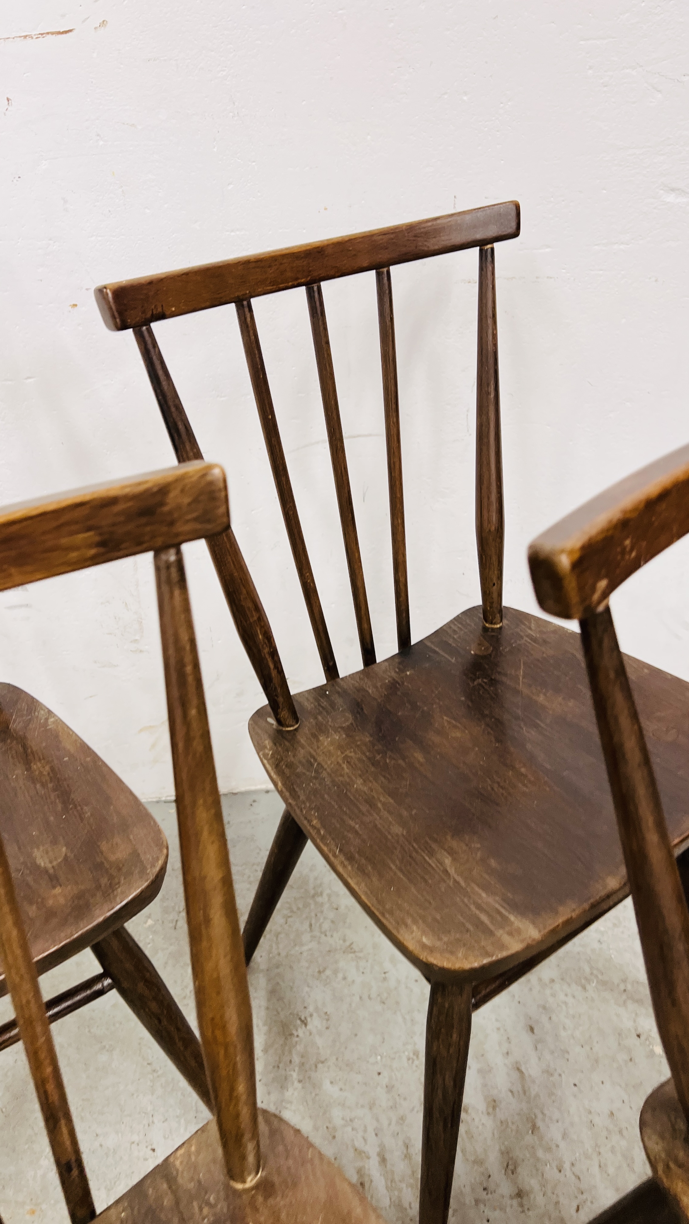 A SET OF SIX DARK ERCOL STICK BACK DINING CHAIRS, 1 A/F. - Image 6 of 17